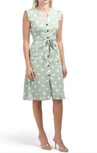 MONTEAU Tie waist Button Polka Dot Green Midi Dress